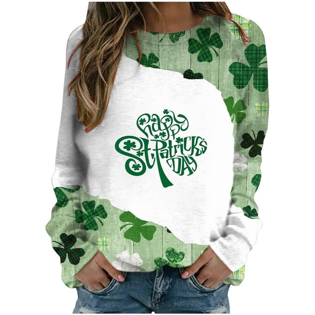 Pompotops Mode de la Saint-Patrick Chandail en Molleton Décontracté à Manches Longues Col Rond Imprimé pour Femmes Blouse en Solde
