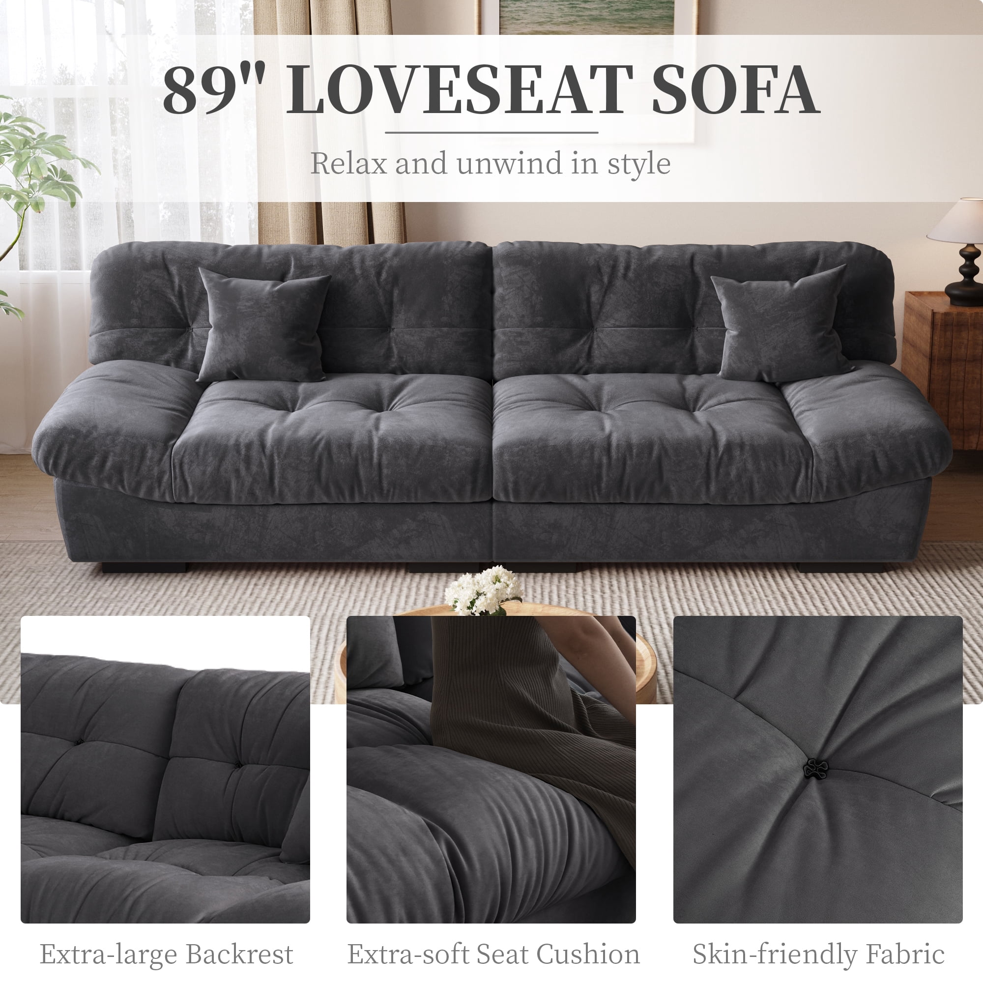 Magic Home 89" Cloud Sofa,Modern Velvet Couch,3-Seat Sofa for Living Room,Apartment and Small Space,Gray