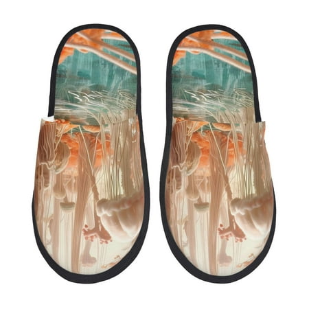 

Honeii Fantasy Underwater Jellyfish Print Furry Slippers Bedroom Slippers for Women and Men Fuzzy Plush Comfy Faux Fur Lined Slide Shoes -Large