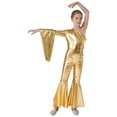 thumbnail image 3 of Aiihoo Kids Girls Shiny Metallic One Shoulder Flare Sleeve Dance Jumpsuit Unitard Bodysuit Gold 10, 3 of 7