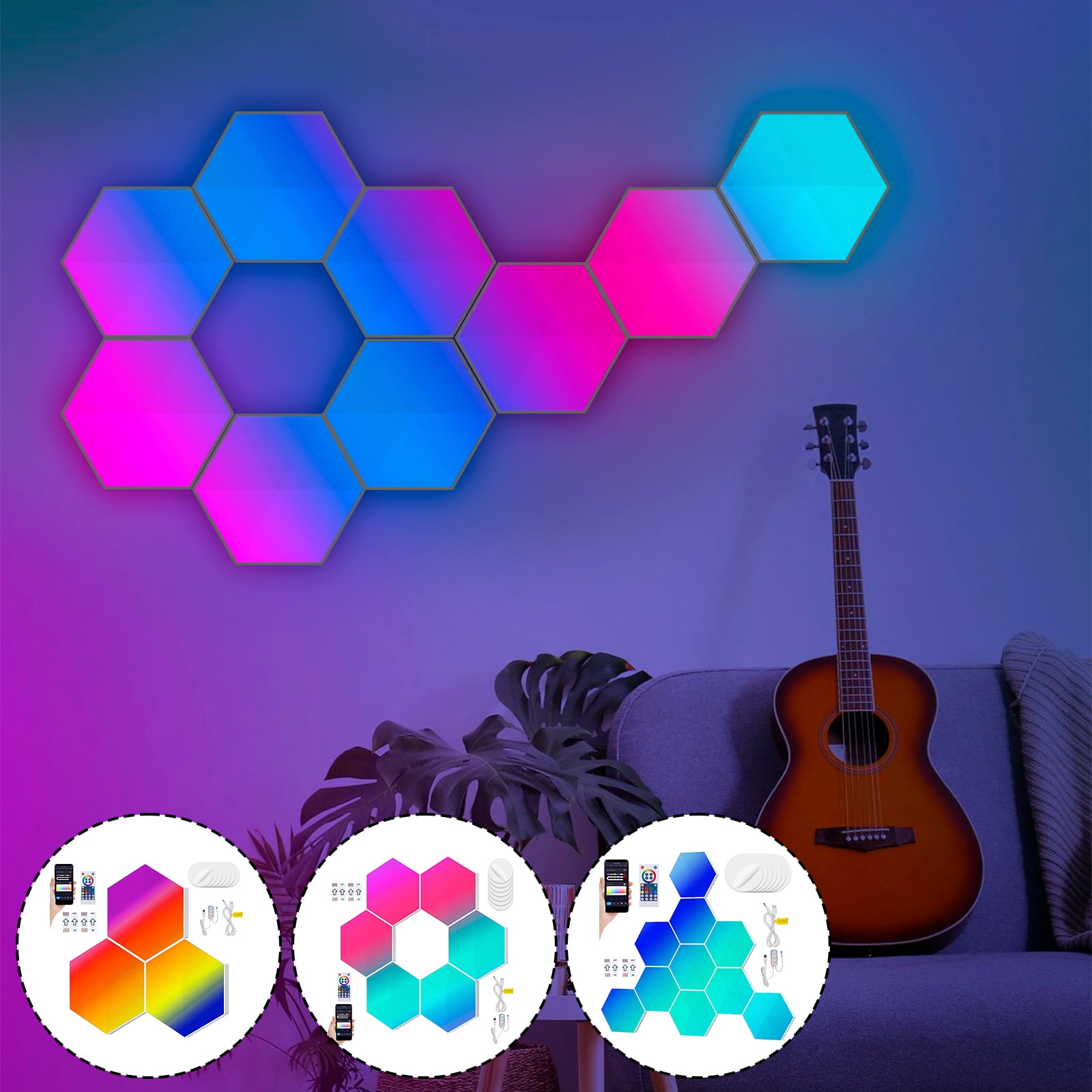 Hexagon LED Wall Lights 3 Pack Gaming Lights, Smart Modular DIY