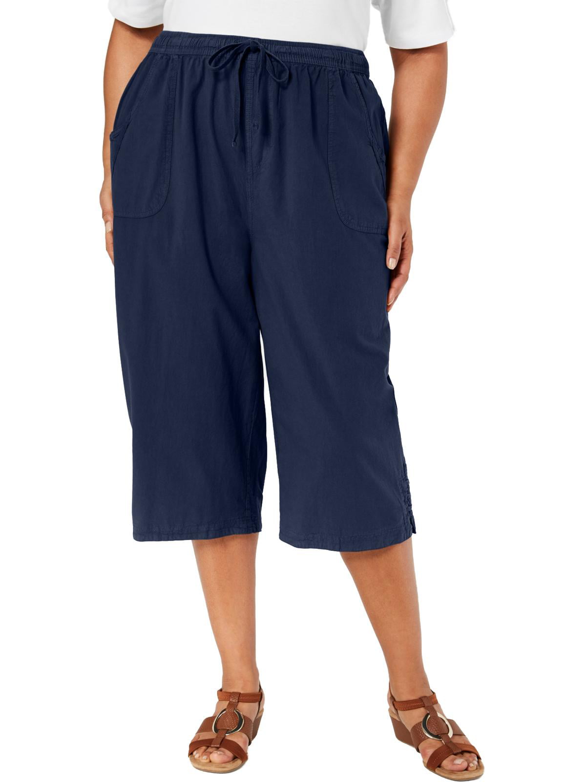 Karen Scott Womens Kiera Navy Cotton Split Hem Capri Pants Plus 0X BHFO 3771