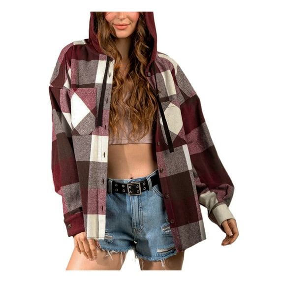 Franhais Women Plaid Jacket, Long Sleeve Hooded Button Closure Fall Tops Outwear for Casual Street