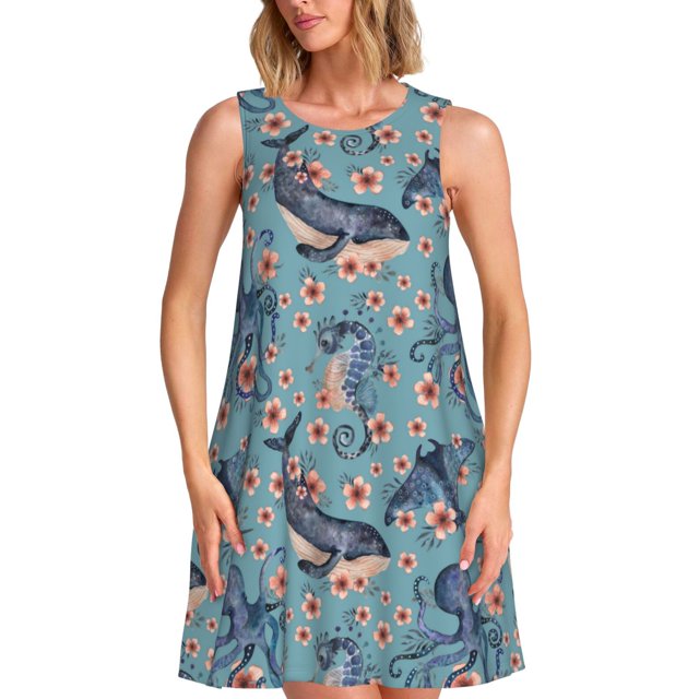 Fotbe Underwater Animals and Flowers Vestido de Verano sin Mangas para Mujer – Vestido Midi Línea A, Estilo Camiseta Floral, Vestido Playero Casual y Fluido