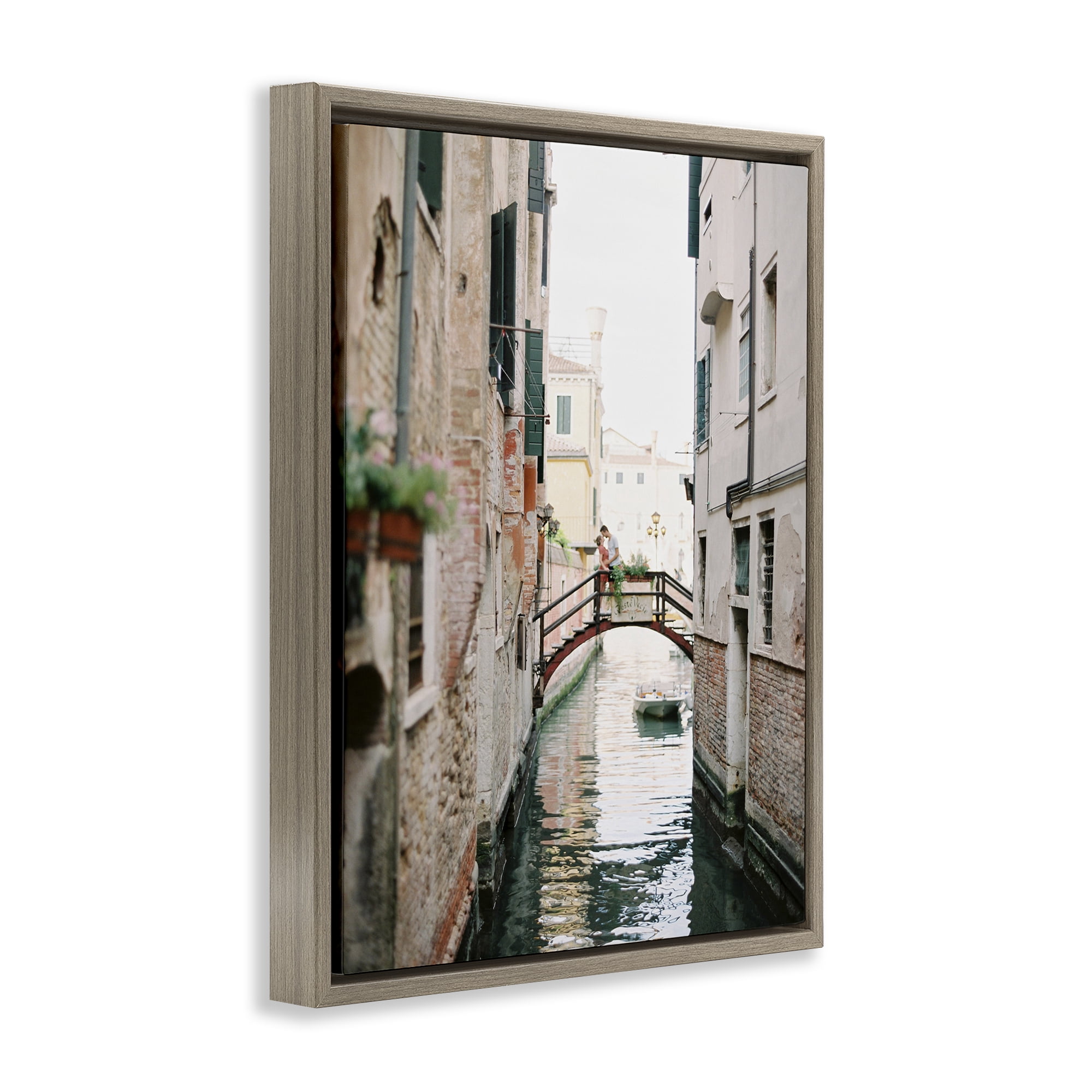 Stupell Industries Couple on Canal Bridge Town & City Photography Brown Floater Framed Art Print Wall Art, 17 x 21