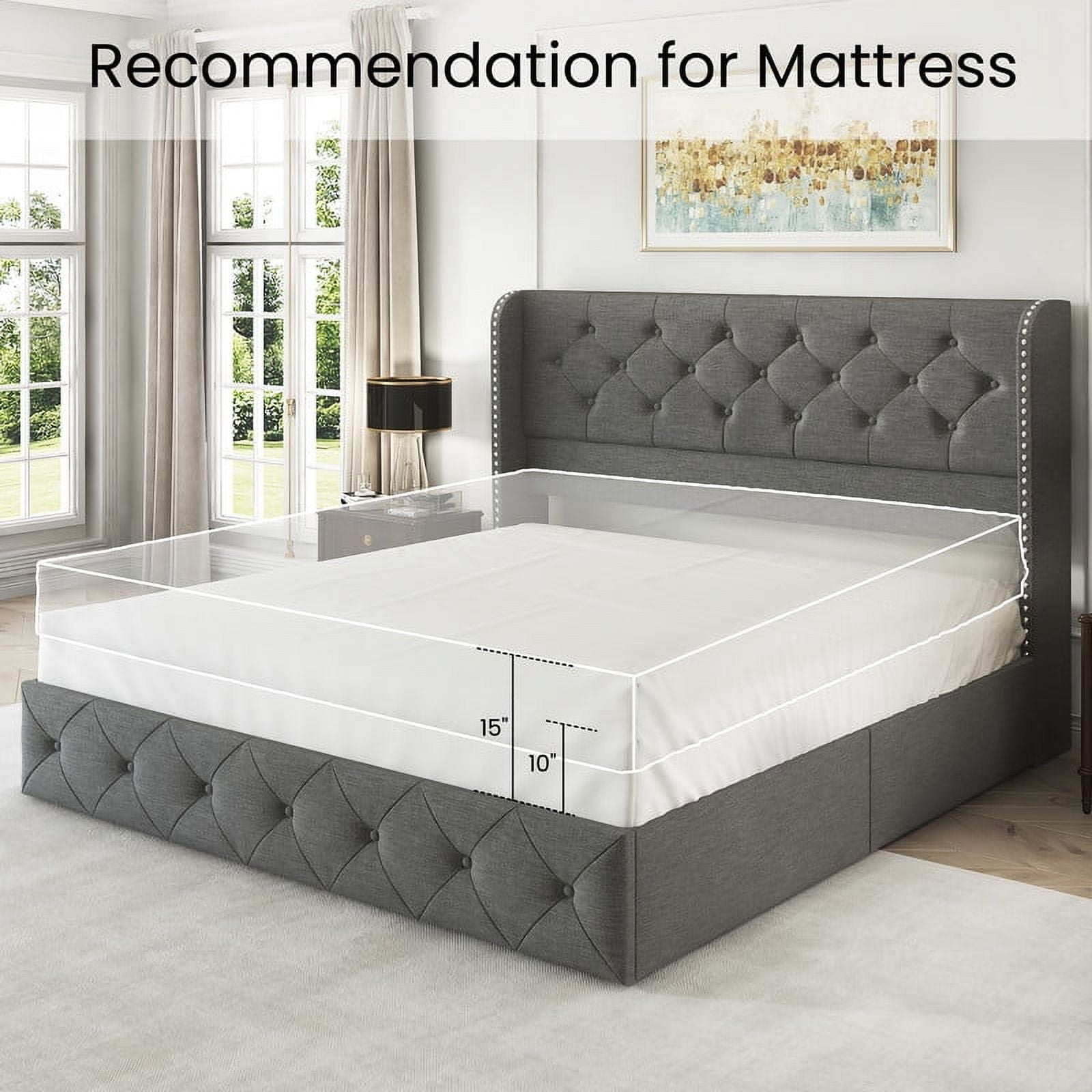 Breltam Queen Size Bed Frame with 4 Storage Drawers, Wingback Tufted Headboard, LED Lights, Light Grey Velvet Upholstered Platform Bed, No Box Spring Needed
