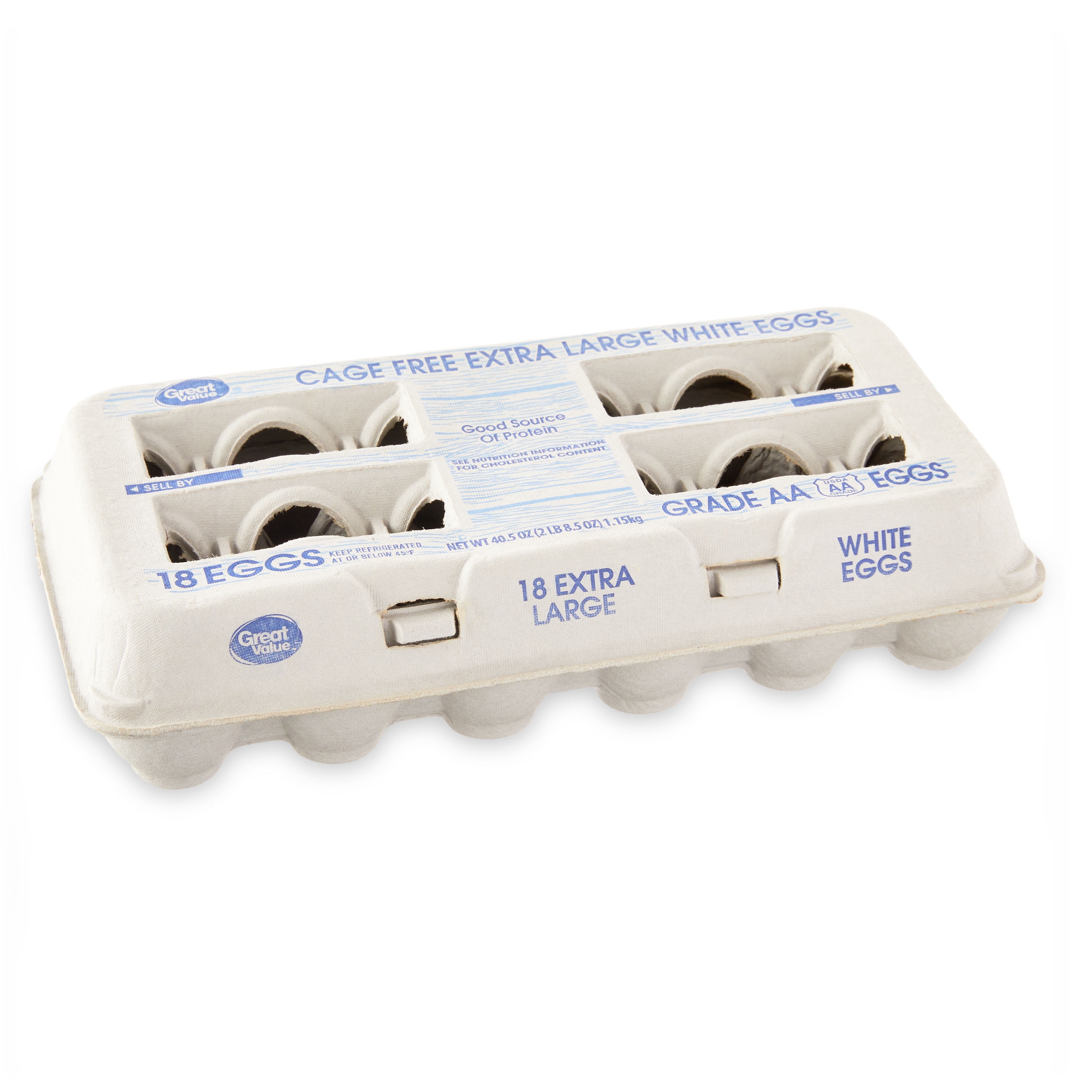 Great Value Cage Free Extra Large AA White Eggs, 18 Count