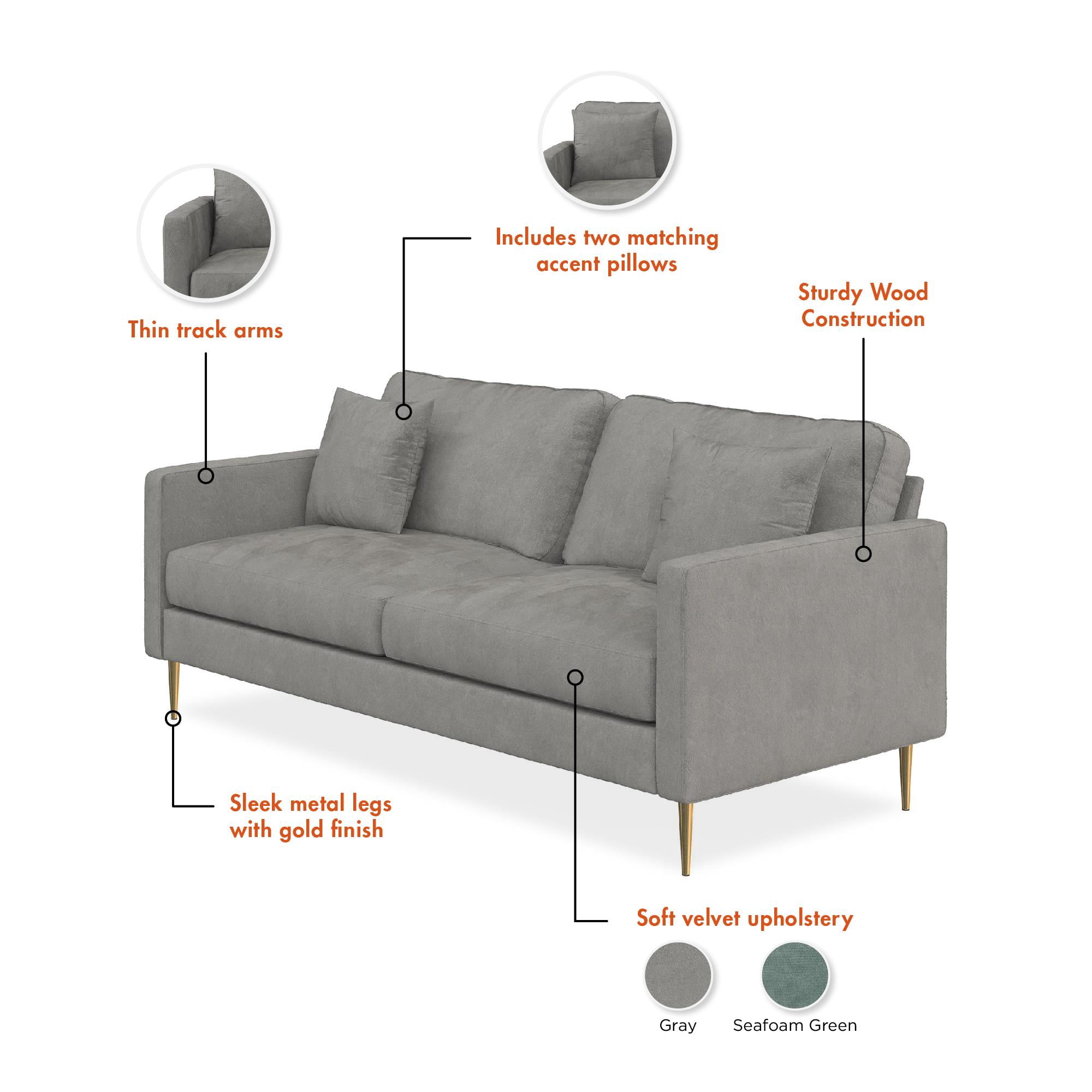 CosmoLiving Highland Sofa with Pillows, Gray Velvet