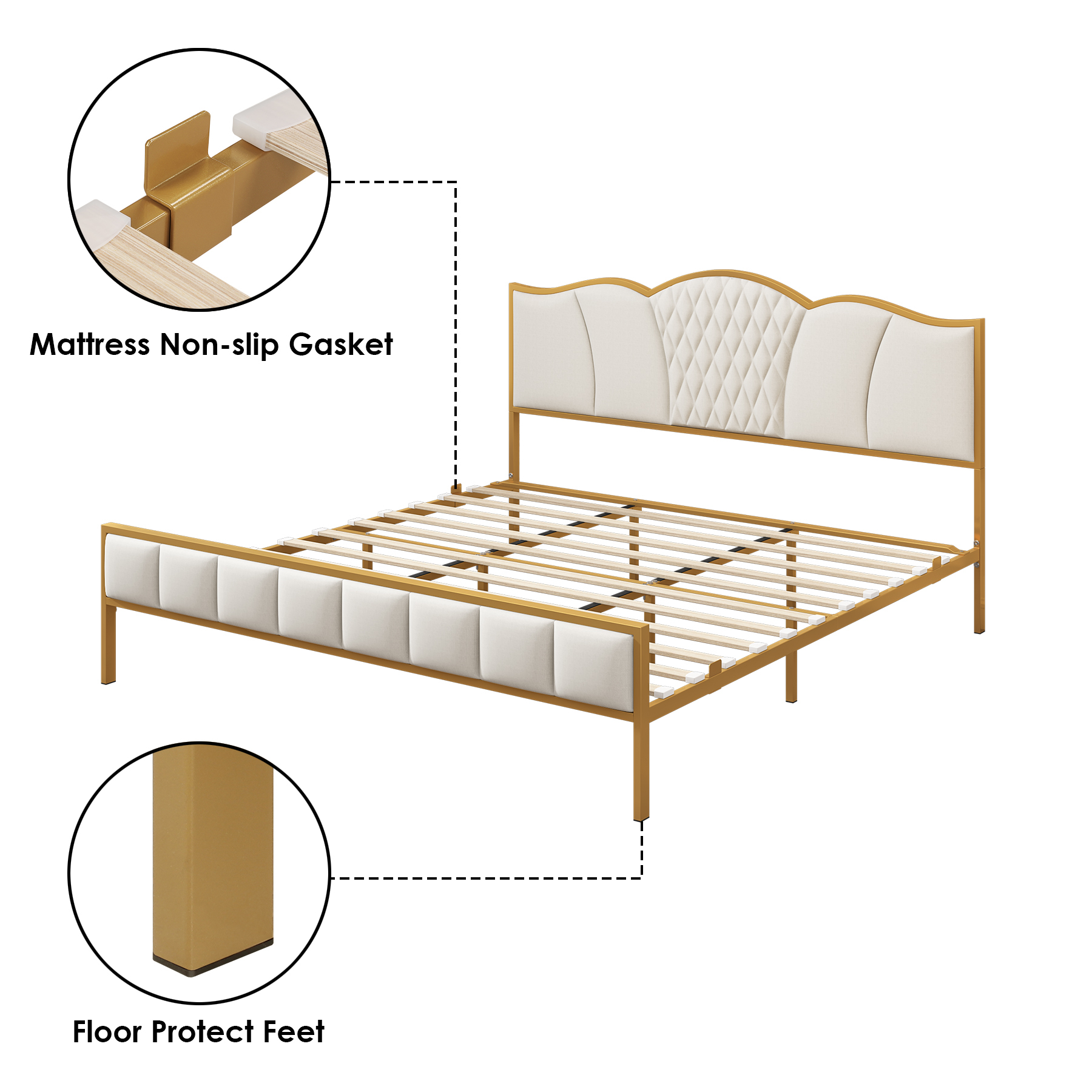 Homfa King Size Metal Bed Frame, Modern Linen Fabric Upholstered Platform Bed Frame with Tufted Headboard, Beige and Gold - image 5 of 10