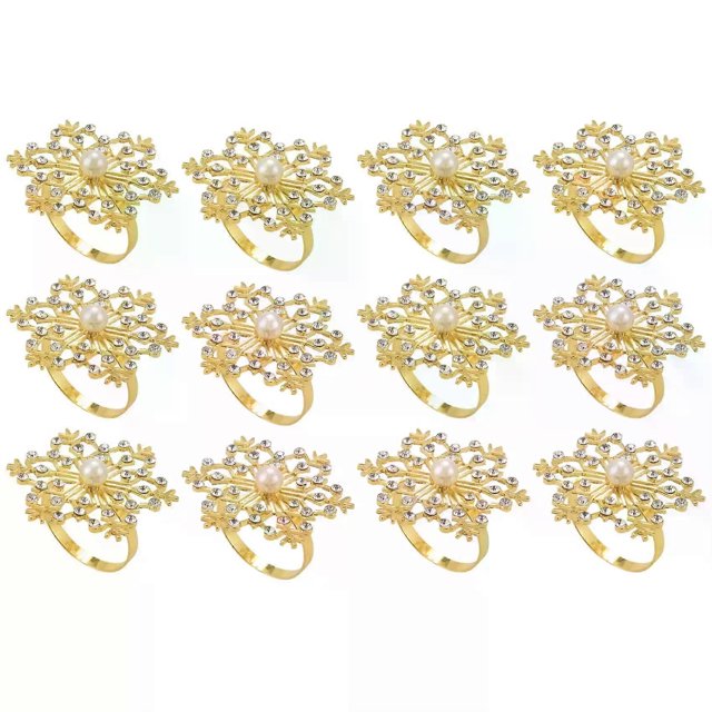 12 Pieces Snowflake Napkin Rings Christmas Napkin Ring Buckle Rhinestone Pearl Napkin Holder for Christmas Table Decor