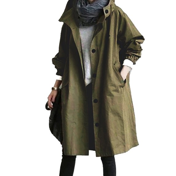 Gvmfive Women Windbreaker Jacket Buttons Hooded Outdoor Outwear Coat