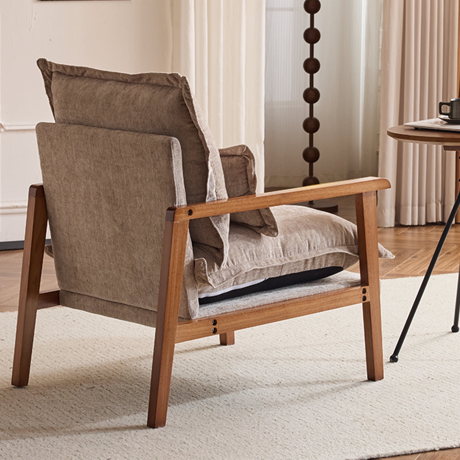 Cloud Shaped Khaki Chenille Accent Chair, Solid Wood Frame with Light Walnut Armrest, Ergonomic Single Leisure Sofa Chair with Lumbar Pillow for Bedroom Living Room Office
