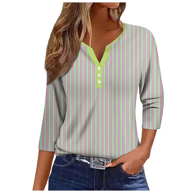 GYUJNB 3/4 Length Sleeve Womens Tops Button Down Summer Henley Neck T Shirts Plus Size Blouses