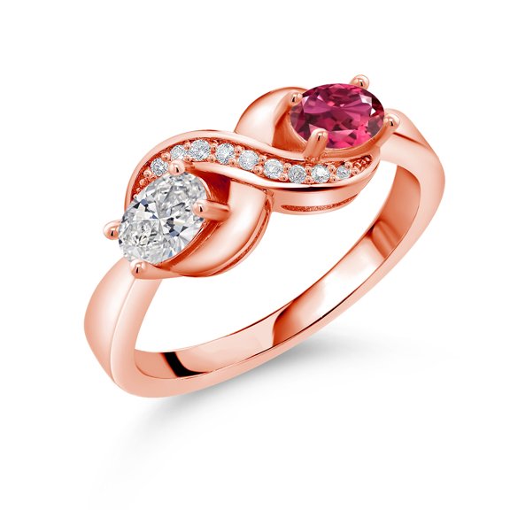 Gem Stone King 18K Rose Gold Plated Silver Lab Grown Diamond and Pink Tourmaline and White Created Sapphire Infinity Promise Ring for Women | 0.97 Cttw | Oval 6X4MM | Gemstone Birthstone | Size 5