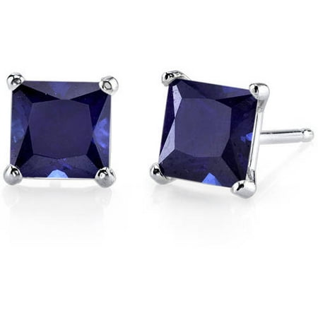 2.75 Carat T.G.W. Princess-Cut Created Blue Sapphire 14kt White Gold Stud Earrings