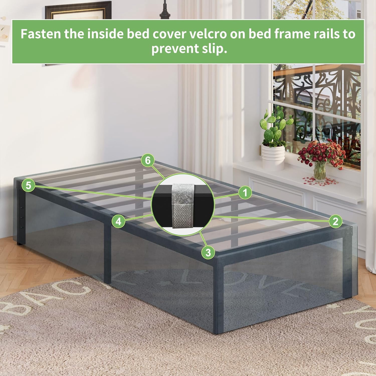Lutown-Teen 16 inch Twin Metal Platform Bed Frame with Fabric Cover, No Box Spring Needed, Easy to Install, Black