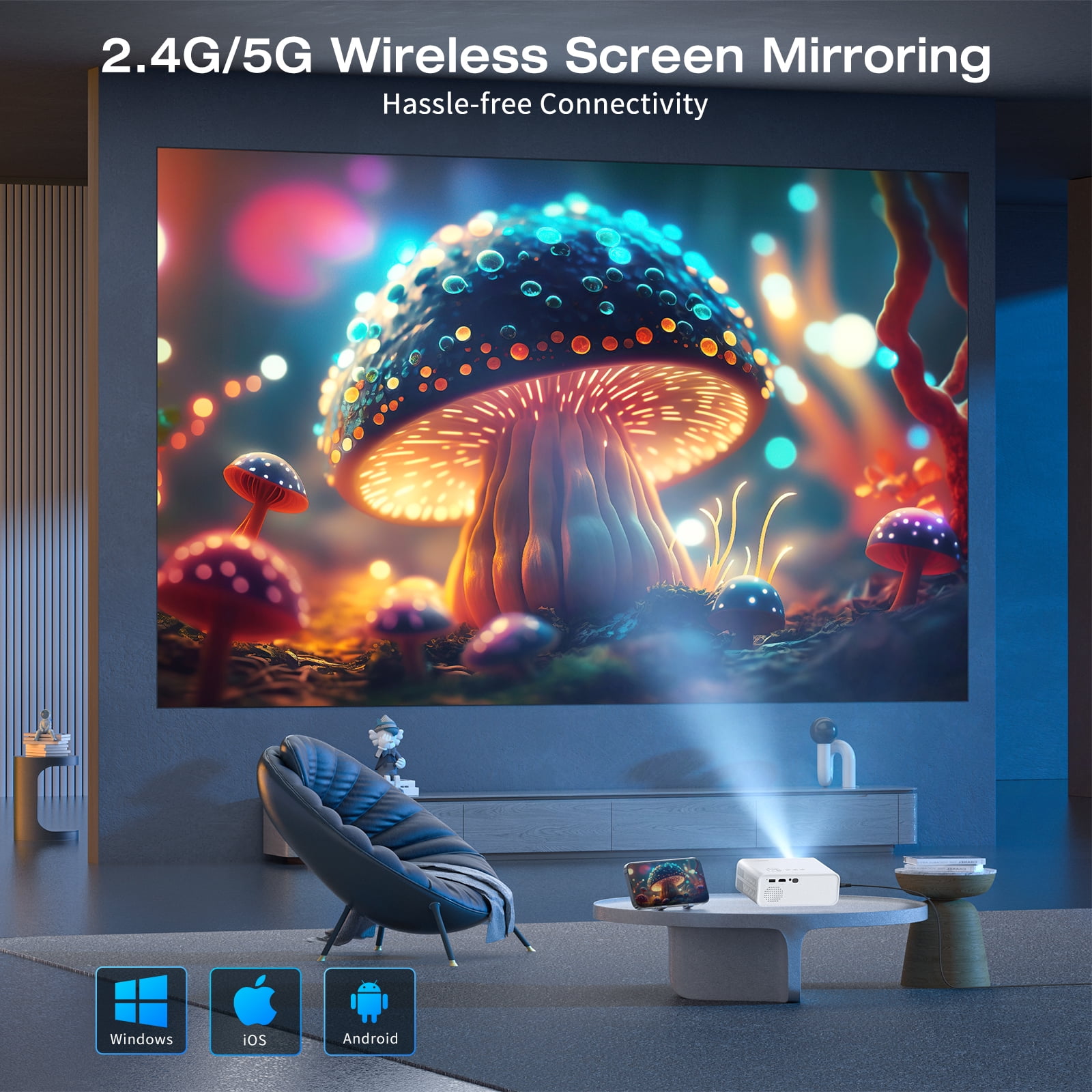 [Built-in APPs] ARTSEA Smart Projector with WiFi and Bluetooth,Tripod Including,2025 Upgrade Android TV OS,4K Support Native 1080P,Keystone Correction,Compatible with Smartphone/Laptop/TV Stick,White