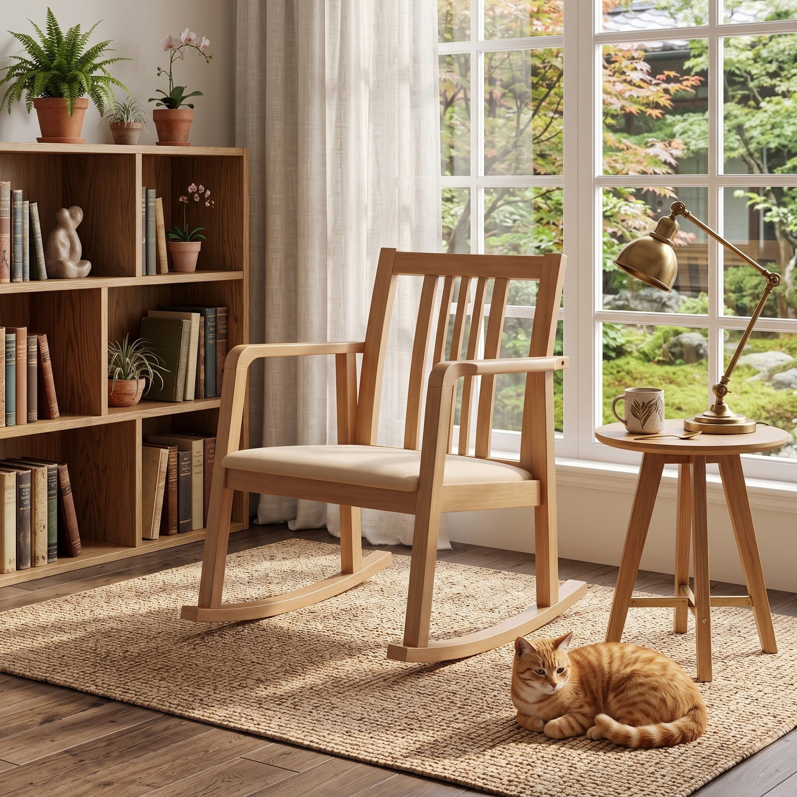 Furnibear Rocking Chair with Slatted Back, Curved Armrests and Soft Padded Fabric Seat for Living Room, Bedroom and Nursery, Natural