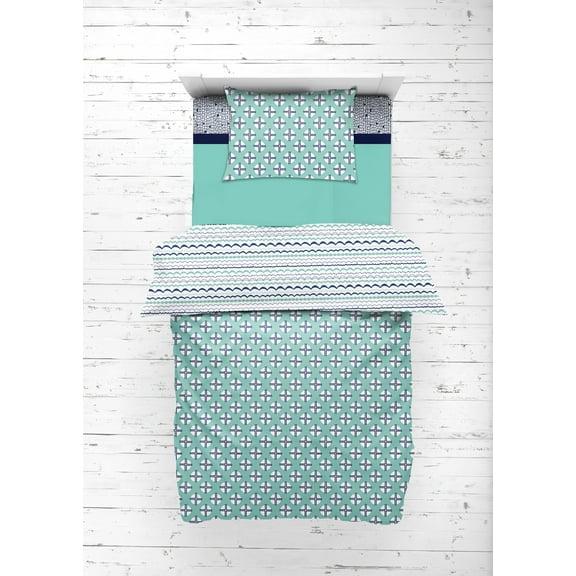 Bacati - Noah Tribal Mint/Navy 4-Piece Toddler Bedding Set 100% Cotton percale fabrics