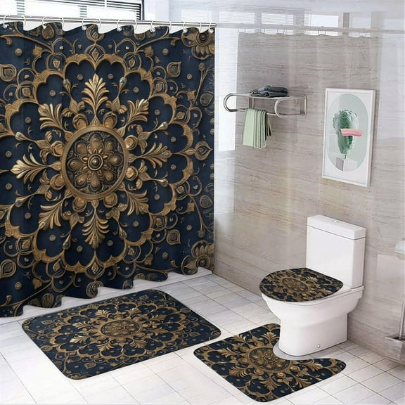 Bathroom Shower Curtain Sets with Rugs, Autumn Harvest Mandala Pattern Printed on Bath Room Accessories Sets, Great for Master Bath Beach House Modern Home, 72 x 72 inches