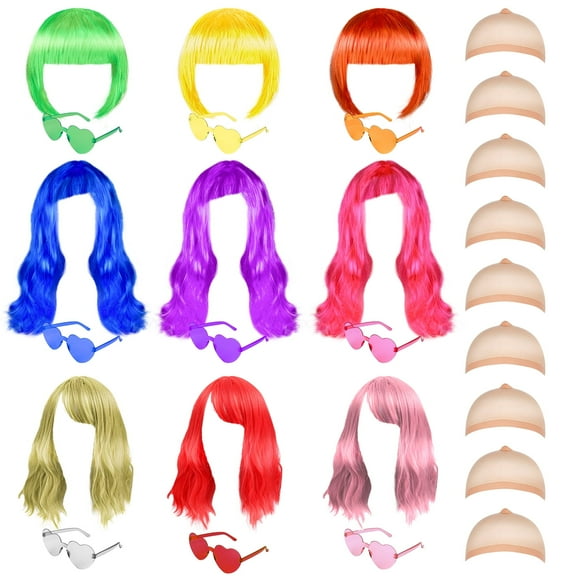 sixwipe 9 Sets Halloween Colorful Wigs for Party, Bob Wigs in 3 Hiar Styles, Neon Color Wigs with Heart Shape Sunglasses and Wig Cap for Halloween Accessory Adults Cosplay Party Favors