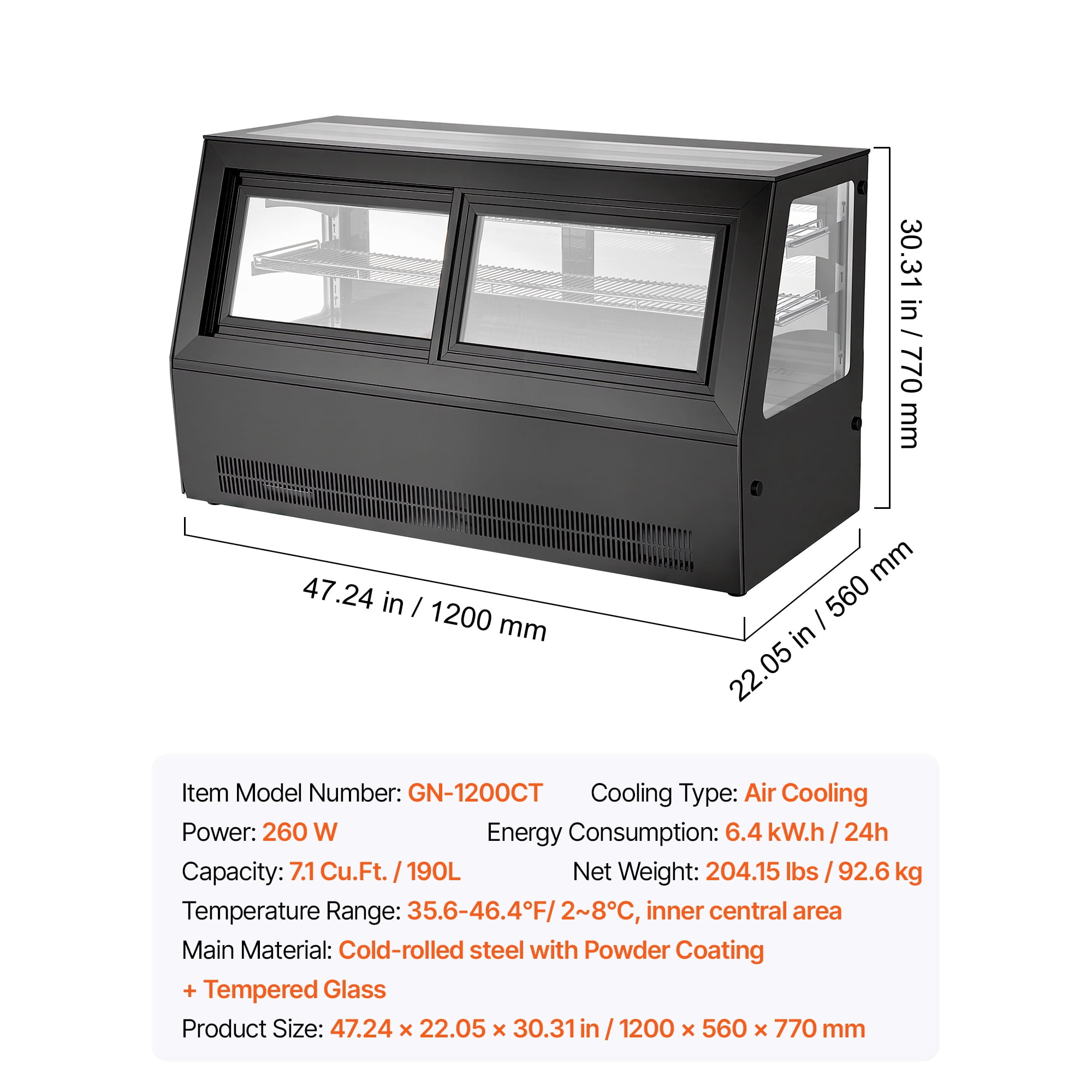 KFFKFF Refrigerated Display Case, 7.1 Cu.Ft./190L Countertop Pastry Cooler, 2-Tier Commercial Cake Fridge with LED Lighting, Efficient Cooling, Frost-Free Air Circulation, Ideal for Dessert Shops