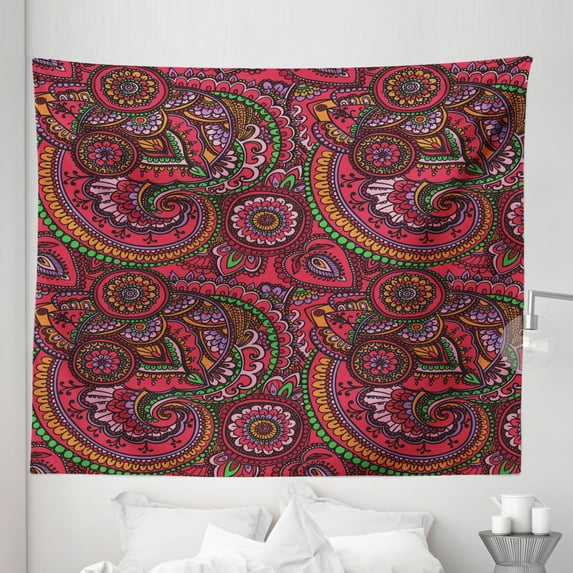 Colorful Tapestry, Pattern Based on Traditional Vintage Twists Lines Spirals, Fabric Wall Hanging Decor for Bedroom Living Room Dorm, 5 Sizes, Dark Coral Orange Green, by Ambesonne
