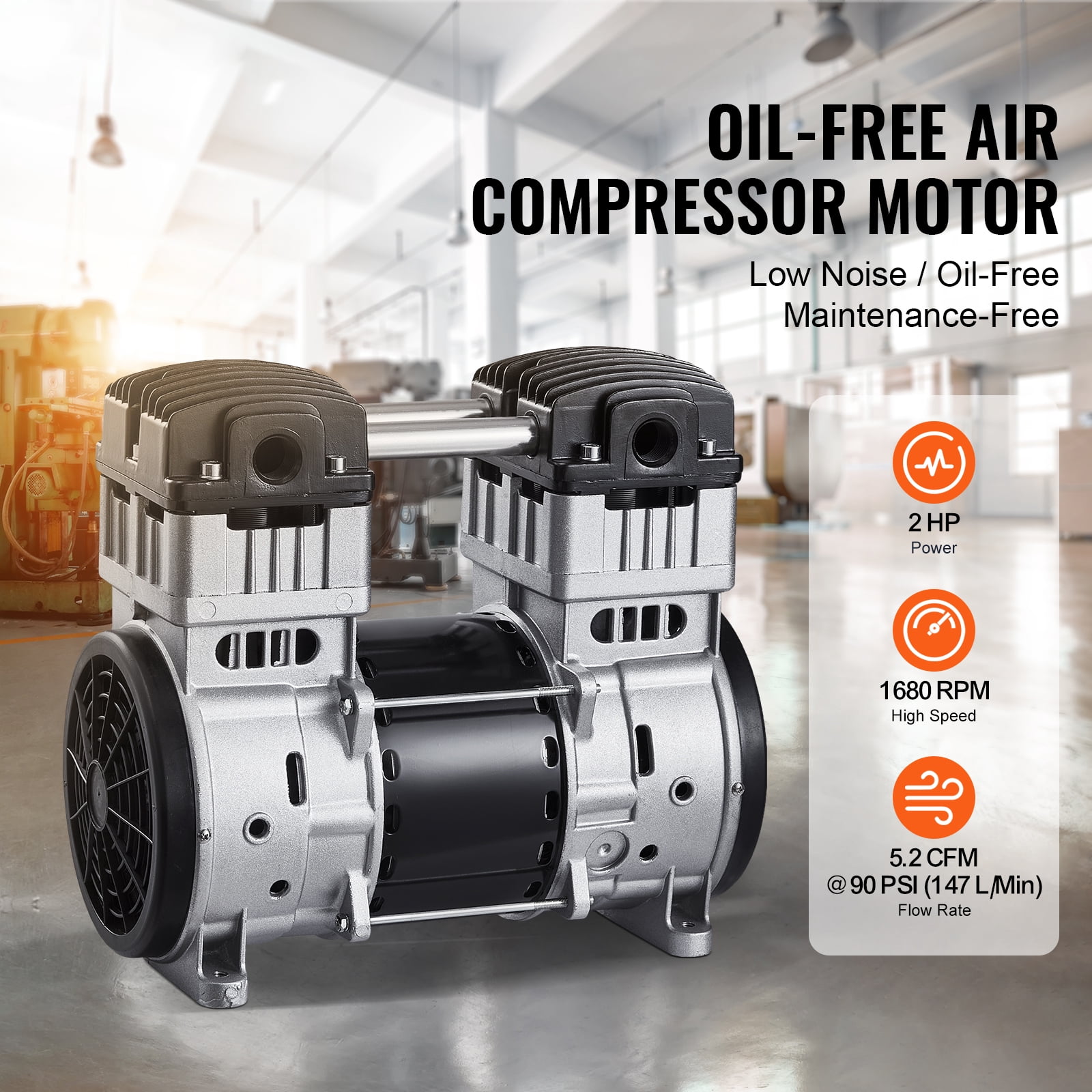 KFFKFF Air Compressor Motor, 2HP 5.2CFM @ 90PSI, Oil-Free Pump with Up to 145PSI Pressure, 78dB Quiet Operation for Automotive Repairs, Inflating Tires, Spray Painting, and Carpentry