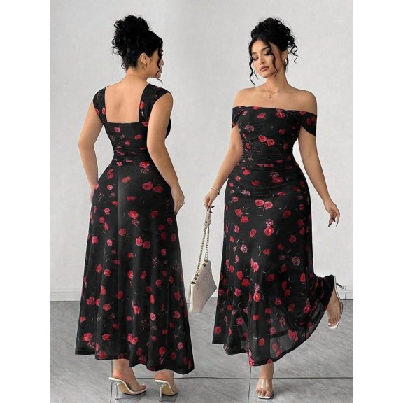Black Rose Print Off-Shoulder Maxi Dress With Cinched Waist And Ruched Detail