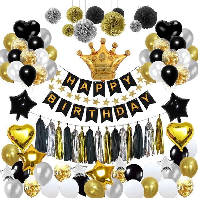 COMOPHOTO 7x5ft Gold and Black Birthday Backdrop Golden Silver Balloon Ribbon Party Decorations Photo Booth Background Adult Bday Party Banner Supplies 