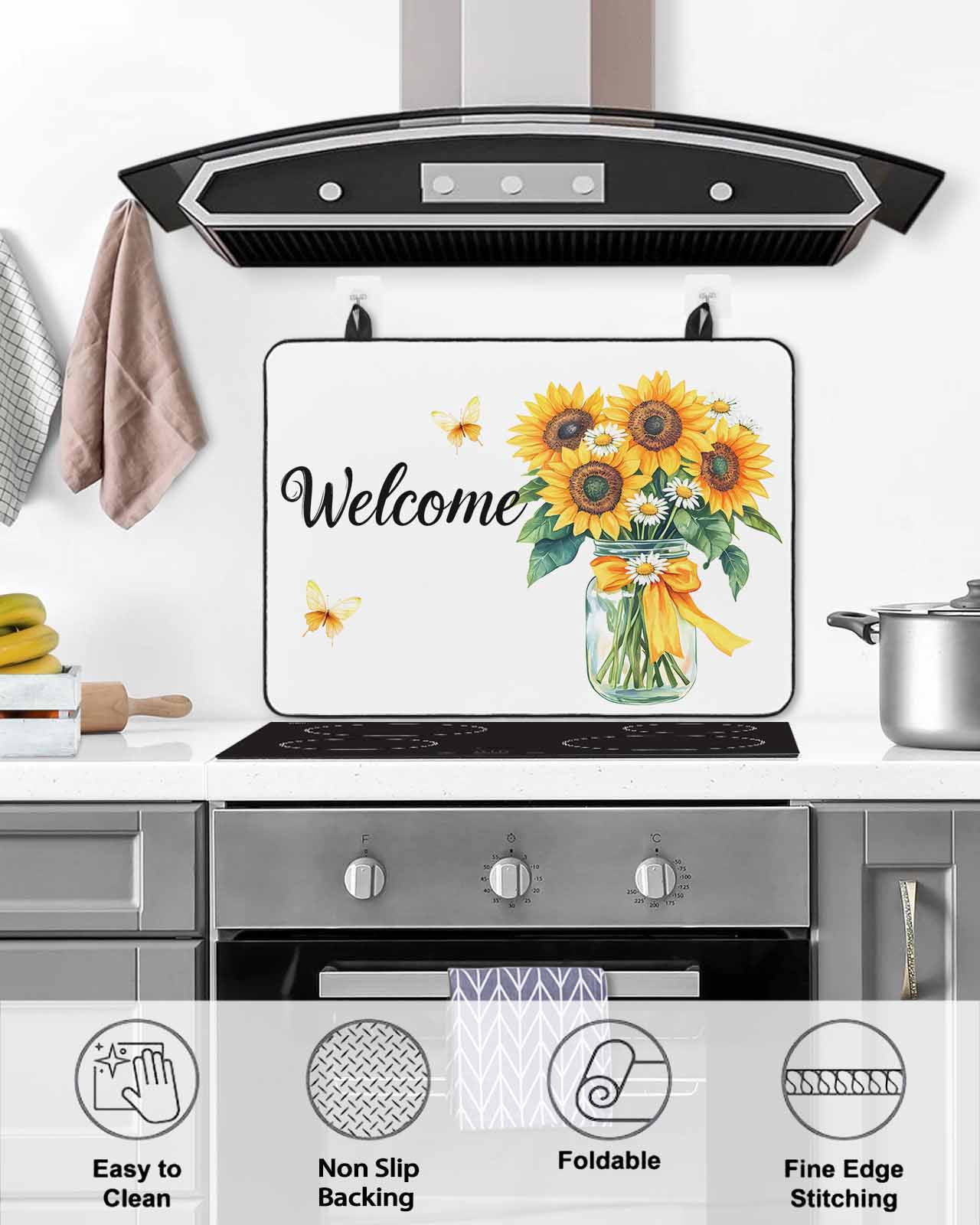 nqOlkjepod Large Induction Cooktop Protector Mat 24"x21", Yellow Sunflower Stove Top Covers for Electric Stove, Butterfly Spring Floral Farm Country Stove Burner Cover Mats, Glass Top Stove Cover