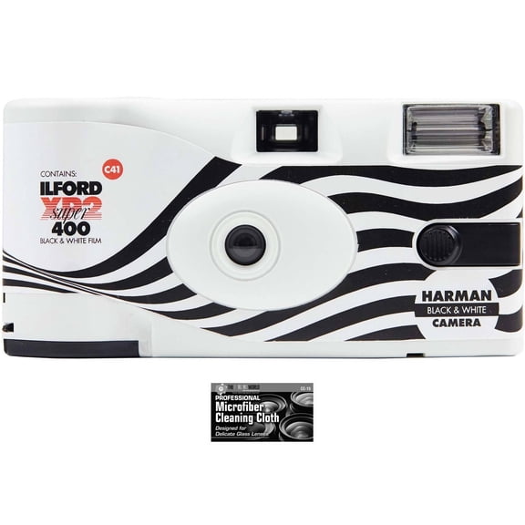 Ilford XP2 35mm ISO-400 B&W One-Time Single-Use Disposable Camera with Flash - 27 Exposures with Microfiber Cleaning Cloth