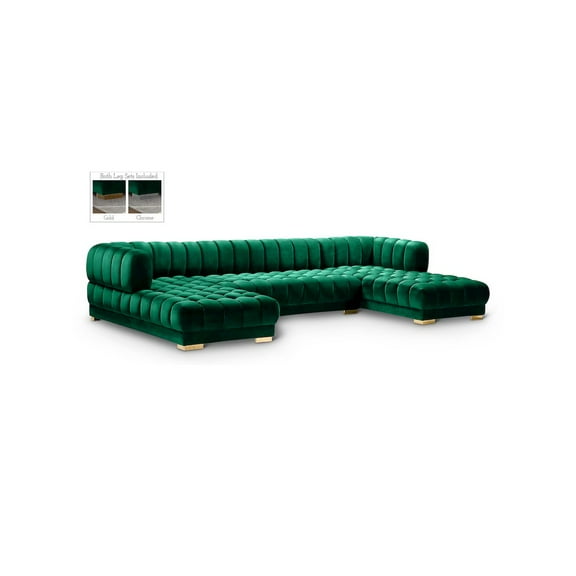 Meridian Furniture Velvet Sectional Sofa with Gold and Chrome Legs, Green