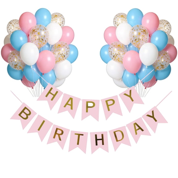Pink and Blue Balloons, Pastel Pink Blue White Latex Balloons Birthday Decorations, Happy Birthday Banner for Gender Reveal Baby Shower Birthday Bridal Shower Wedding Party Decorations