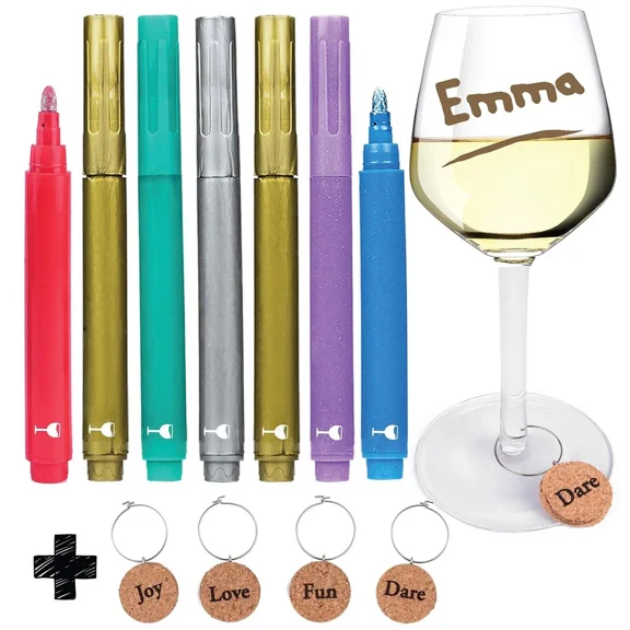 7 Pack Wine Glass Markers | 7 Metallic Colors With 4 Glass Charms