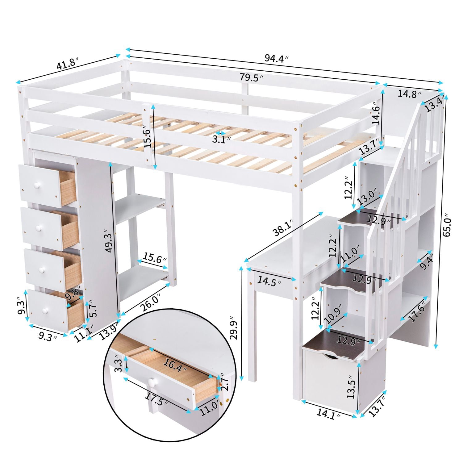 Asteroutdoor Twin Size Loft Bed with Storage Drawers, Desk and Stairs, Wooden Loft Bed with Shelves - White