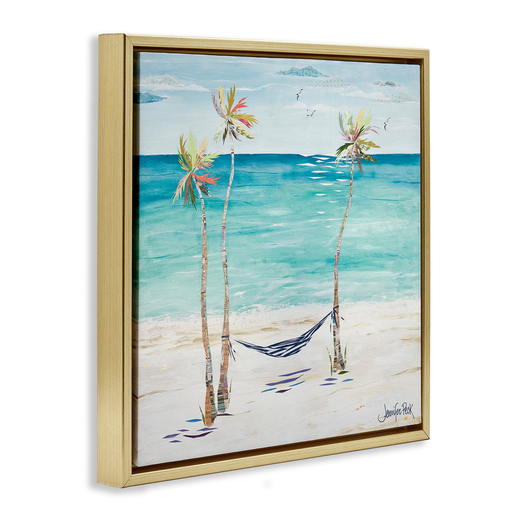 Stupell Industries Hammock & Three Palms Coastal Painting Gold Floater Framed Canvas Art Print Wall Art, 25 x 25