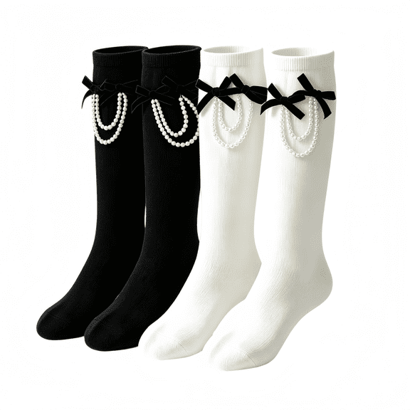LYMAYTER Toddler Girls Knee High Socks 2 Pack for 3-12Y Kids Pearl Bow Decor Solid Knit Dress Socks