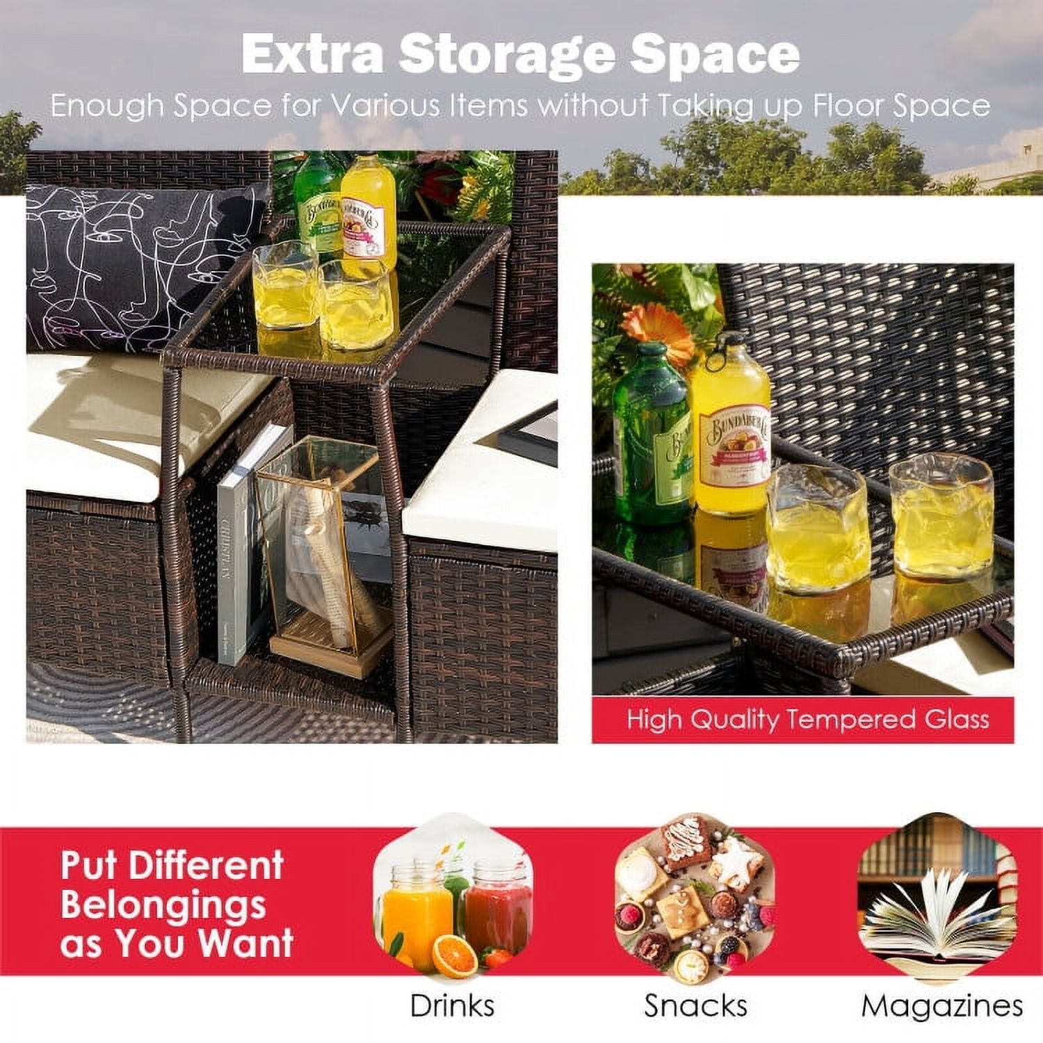 Aimee Lii Rattaner Outdoor Patio Furniture, Patio Rattan Wicker Conversation Set Sofa Cushioned Loveseat Glass Table, White Aimee Lii Rattaner Outdoor Patio Furniture, Patio Rattan Wicker Conversation Set Sofa Cushioned Loveseat Glass Table, White