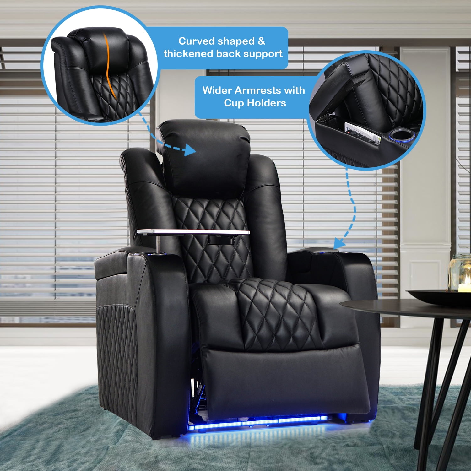 Weilianda Home Theater Seating Top Grain Leather Recliner Chair Dual Power Movie Gaming Sofa Electric Headrest with Tray Table Type-C USB Charge Cup Holders Row of 1 Black