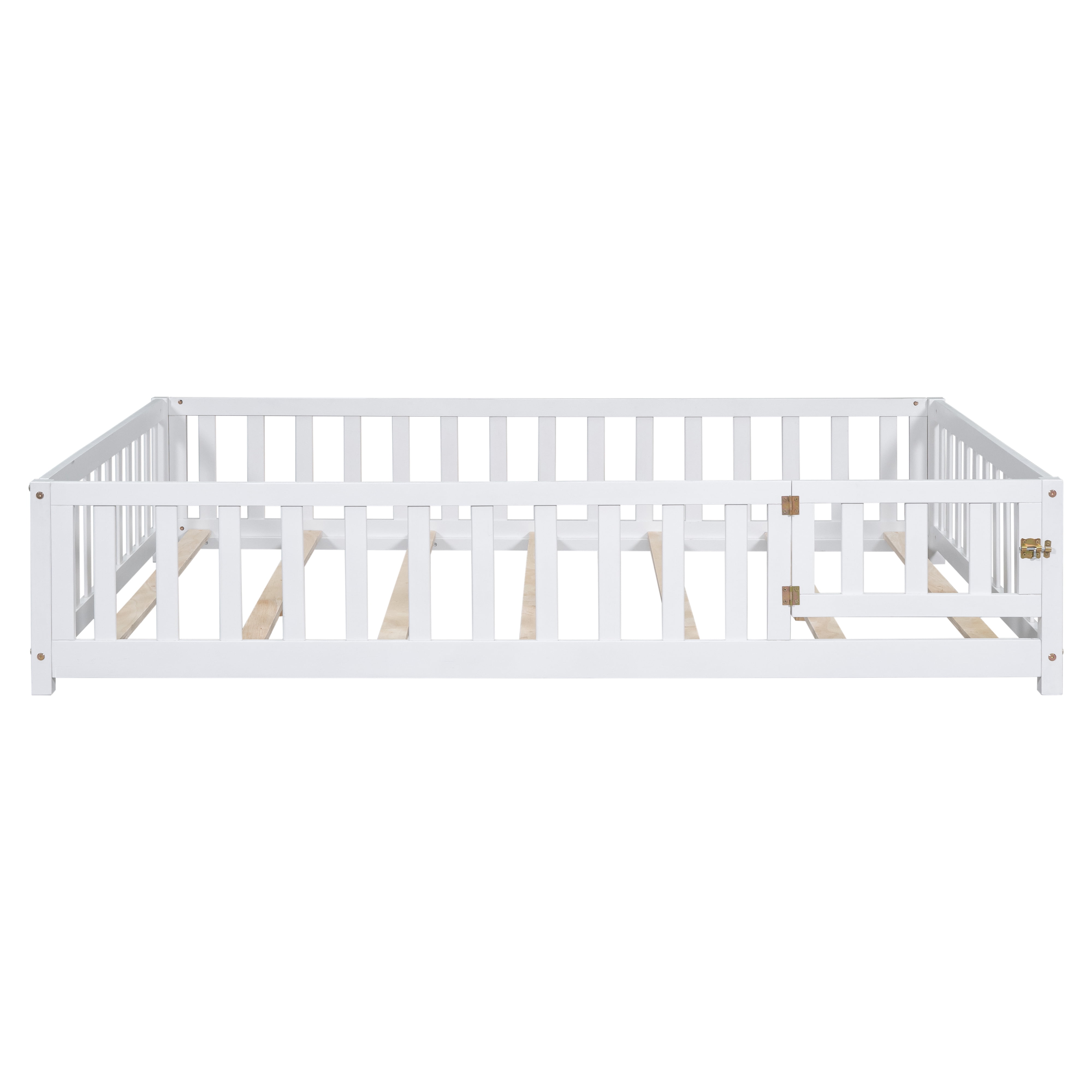 Full Size Floor Platform Bed with Fence and Door for Kids, Montessori Floor Bed Frame with Support Slats for Toddlers, Wooden Floor Bed, White