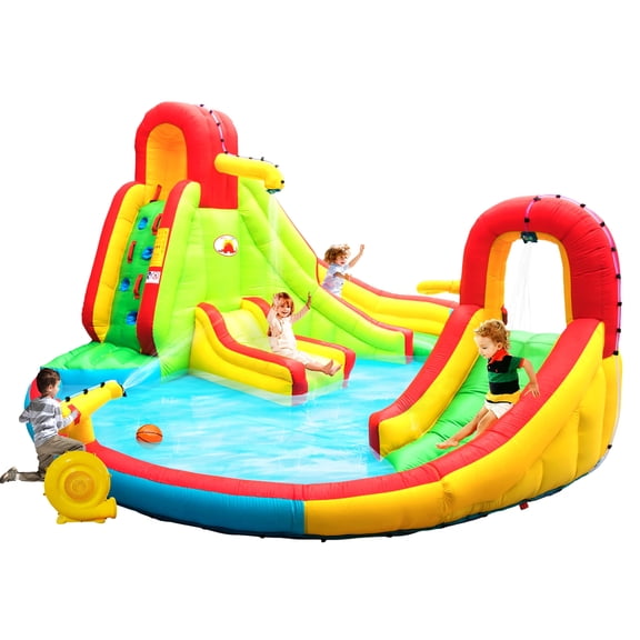 WELLFUNTIME Inflatable Water Slide with Blower, Kids Bounce House Water Park with Splash Pool for Backyard