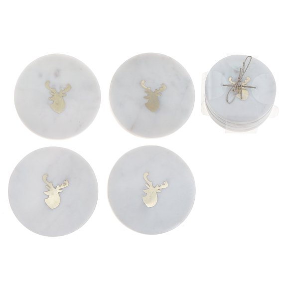 Lot De 4 Sous-Verres Ronds En Marbre Blanc Avec Incrustations En Laiton En Forme De Tête De Cerf (10 X 10 Cm)