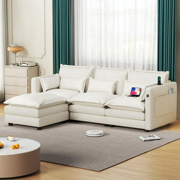 Modular Sectional Sofa L Shaped Couch, 3/4 Seat Sofa Set with Ottoman, Chenille Fabric Beige-4 Pieces