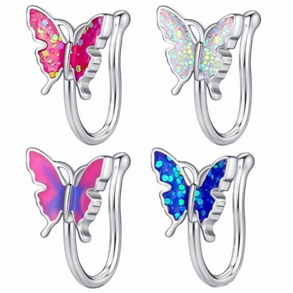 4 Anillos De Nariz Sin Perforación, Mariposa De 4 Colores, Con Forma De U Y Cristal Para Mujeres Y Hombres.