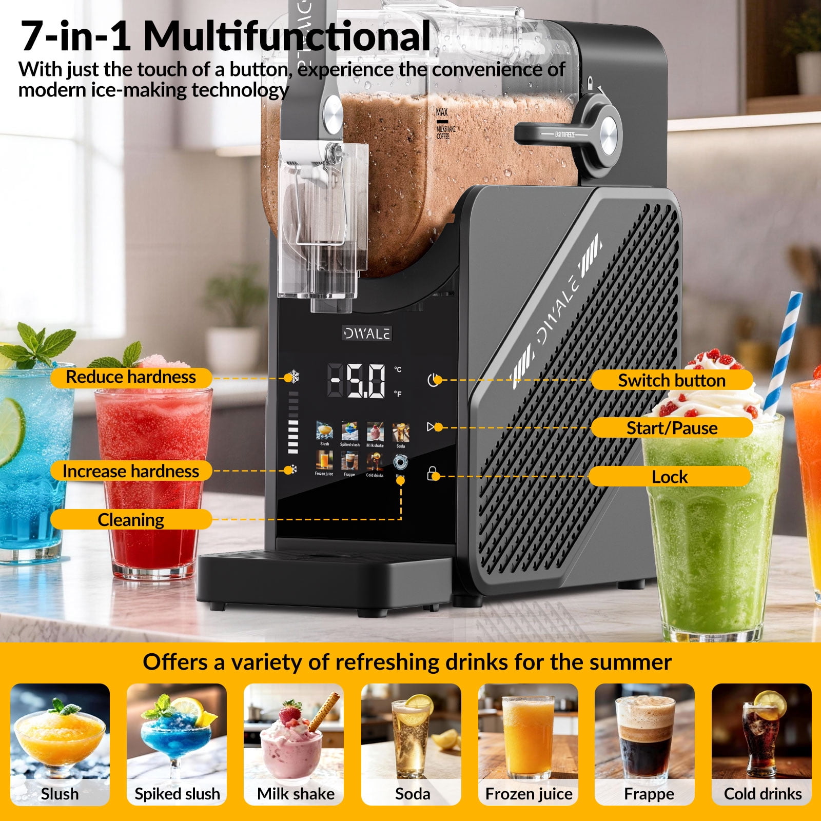 88oz Slushy Machine, 7-in-1 Slushy Machine for Home,Frozen Drink & Ice Cream Maker with LED Display,No Ice Needed,Auto Clean, Quiet-Color Screen Model