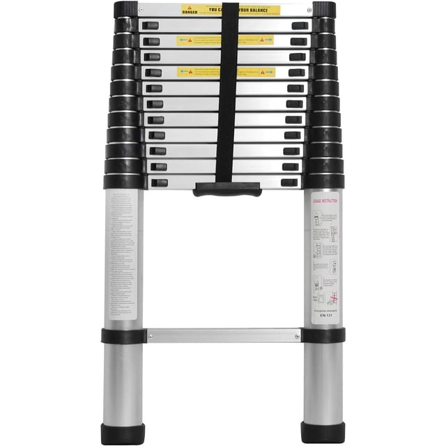 SogesPower 12.5ft Aluminum Telescopic Extension Ladder,EN131 Standard,Multi Purpose Home Or RV Telescoping Ladder,Portable,Folding,with Non-Slip Feet,Silver