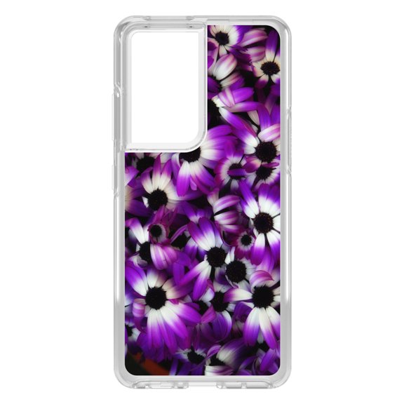 DistinctInk Clear Shockproof Hybrid Case for Galaxy S21 ULTRA 5G (6.8" Screen) - TPU Bumper, Acrylic Back, Tempered Glass Screen Protector - Purple White Black Flowers