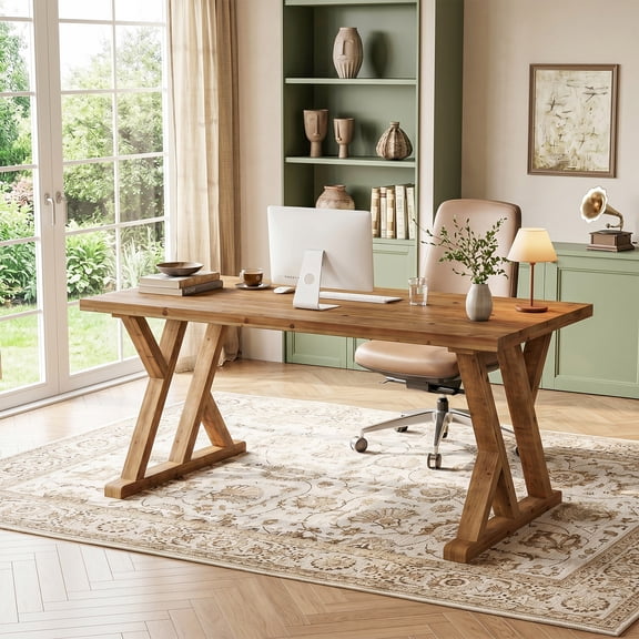 Finmind 63" Solid Wood Executive Desk, Farmhouse Home Office Computer Table with X-Shaped Legs, Large Writing Workstation, Rustic Brown