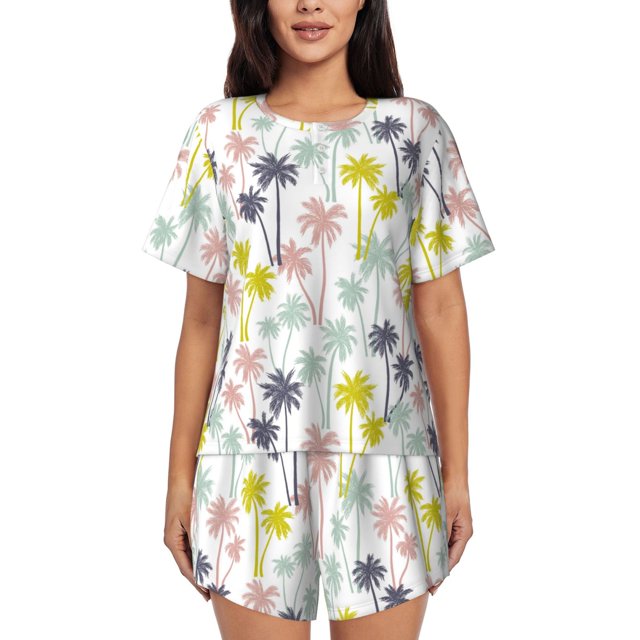 Balery Hawaiian Coconut Tree Conjunto de Pijama para Mujer con Estampado, Dos Piezas de Manga Corta y Shorts, Ropa de Dormir Suave con Cuello Redondo y Bolsillos-4X-Large